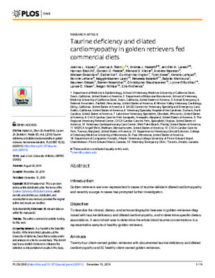 Taurine deficiency and dilated cardiomyopathy in golden retrievers fed commercial diets