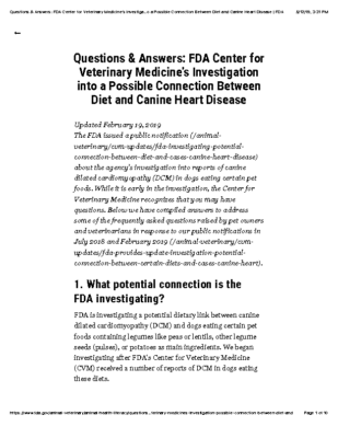 Questions & Answers: FDA Center for Veterinary Medicine’s Investigation into a Possible Connection Between Diet and Canine Heart Disease | FDA